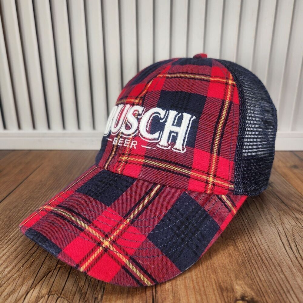 Busch Beer Hat Cap Snapback Red Blue Plaid Lumberjack Mens Outdoors Rugged Adams